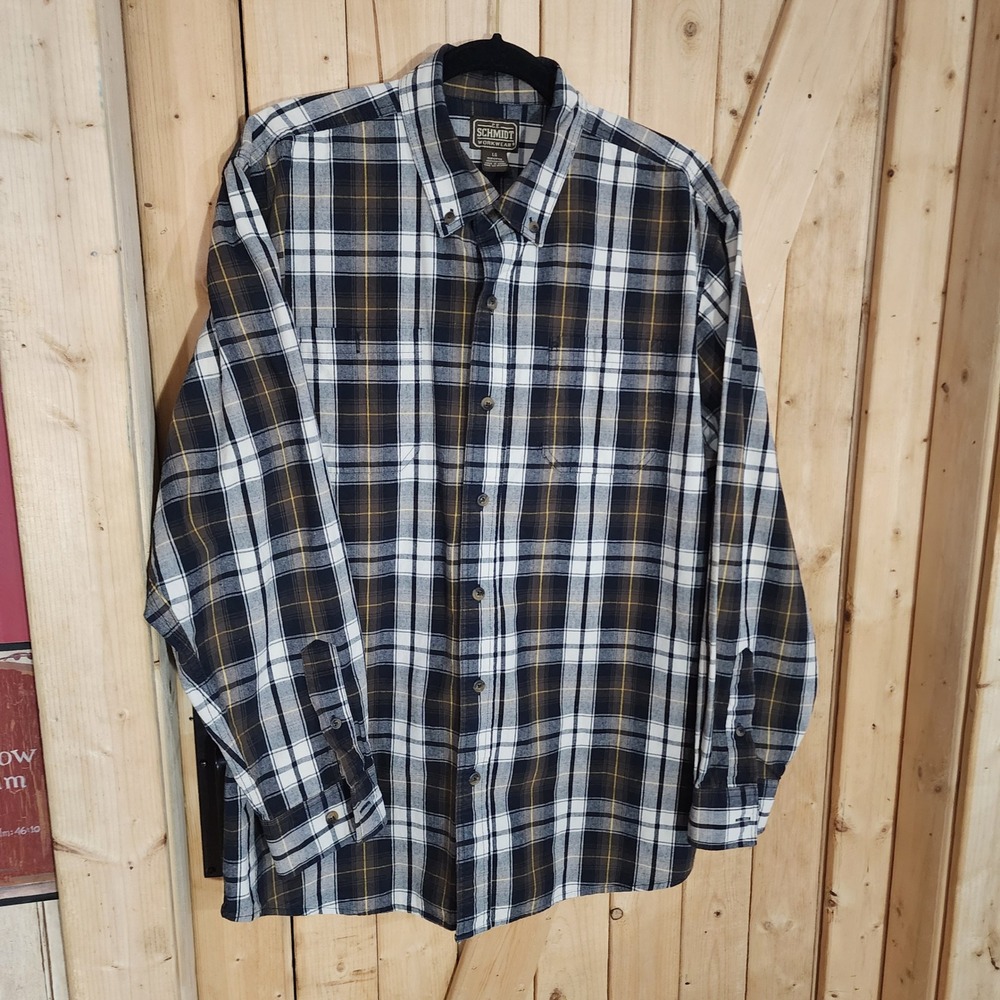 CE Schmidt Workwear Mens Large Plaid Flannel Shirt Cotton Brown Black White L